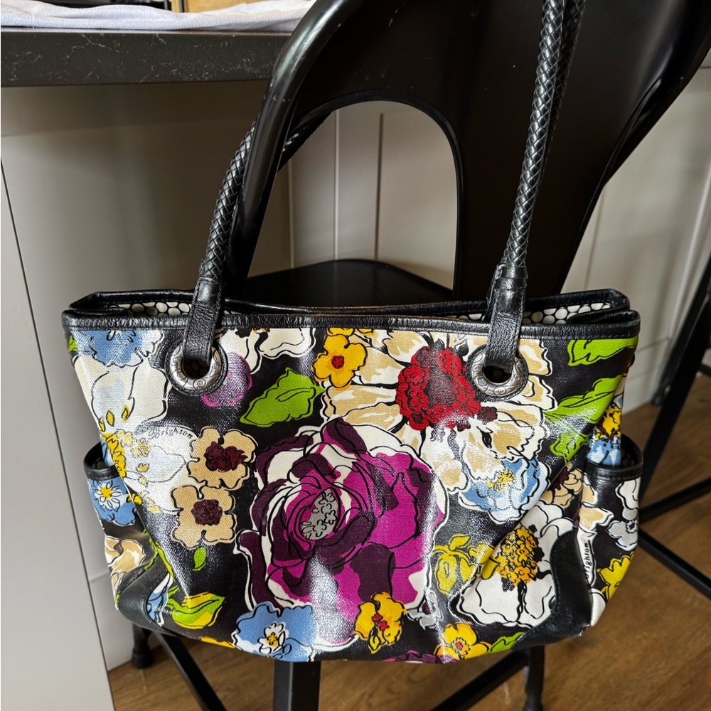 Floral Print Black Tote Bag with Multicolor Flowers